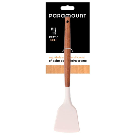 Imagem ESPÁTULA RETA DE SILICONE COR CREME COM CABO EM MADEIRA - PARAMOUNT INDUSTRIA