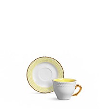 Imagem de CONJUNTO DE XÍCARAS DE CAFÉ COM PIRES COM 6 PEÇAS ESCAMA AMARELO BEBÊ COM OURO - Scalla Ceramica Artistica Ltda Epp