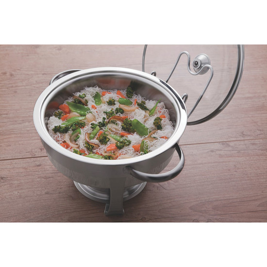 Imagem RECHAUD TRAMONTINA REDONDO EM AÇO INOX BANHO MARIA COM SUPORTE PARA TAMPA E FOGAREIRO 4,3 L