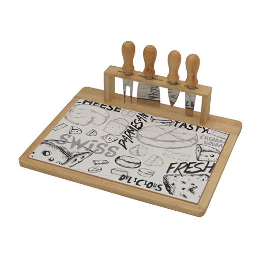 Imagem CONJUNTO 4 PEÇAS DE BAMBÚ E CERÂMICA PARA QUEIJO EM AÇO INOX 33X26CM - LYOR