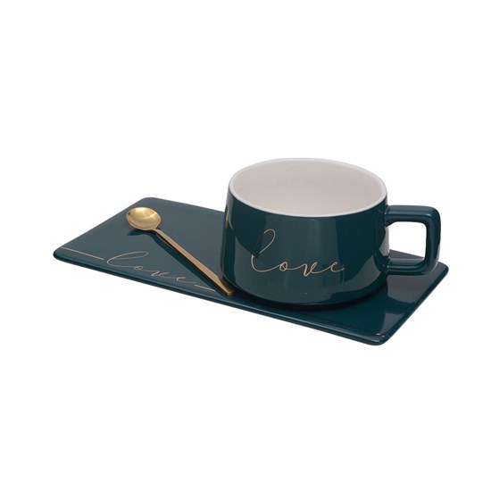 Imagem CANECA PORCELANA VERDE COM BANDEJA LOVE HOME DESIGN