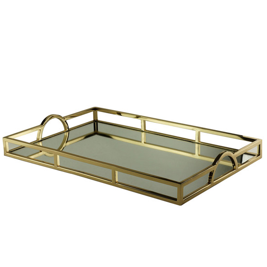 Imagem BANDEJA DECORATIVA EM AÇO INOX DOURADO E ESPELHO 56X36X5 CM - WOLFF