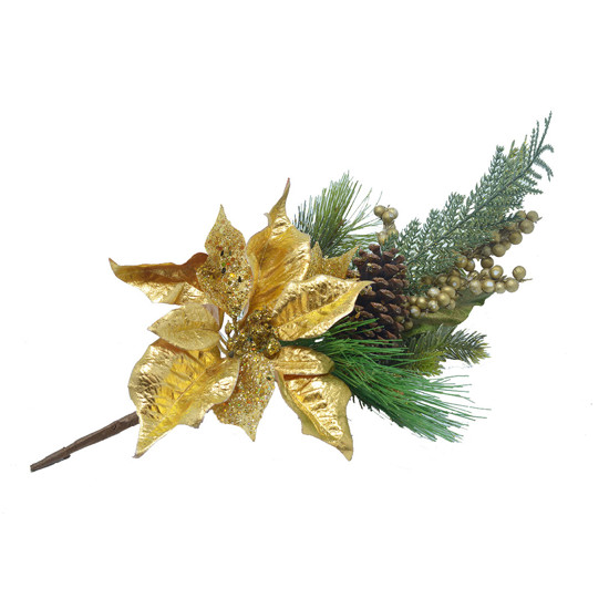 Imagem HASTE POINSETIA DOURADA COM PINHA 40CM