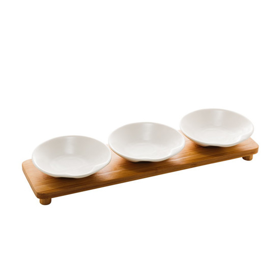 Imagem CONJUNTO 3 PETISQUEIRAS PORCELANA COM BANDEJA BAMBU BRANCO- ROJEMAC