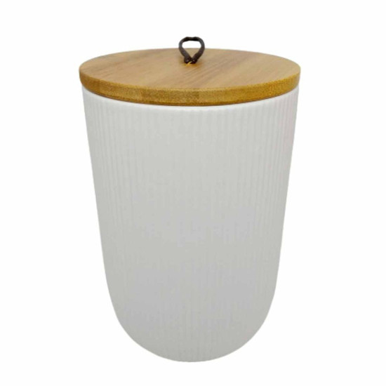 Imagem POTICHE DECORATIVO DE CERAMICA COM TAMPA DE BAMBU COM PEGADOR DE CORDA LINES BRANCO 10X15 CM- LYOU