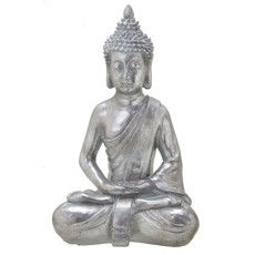 Imagem de ESCULTURA BUDA DECORATIVO EM RESINA NA COR PRATEADA 24,5 X 18 X 38 CM - Mabruk Importacao E Comercio Eireli