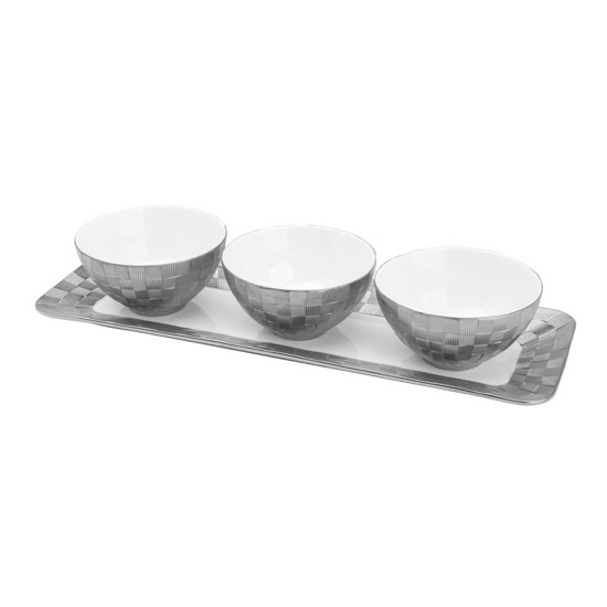 Imagem CONJUNTO 3 PETISQUEIRAS COM BANDEJA PORCELANA VERA SILVER COR BRANCO E PRATEADO - WOLFF