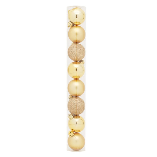Imagem JOGO DE BOLAS NATALINA EM TUBO COR DOURADO MATE, GLITTER E LISA 8 BOLAS DE 10CM - CROMUS 