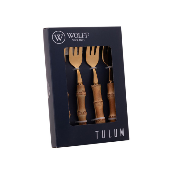 Imagem CONJUNTO 4 GARFOS DE BOLO DE AÇO INOX COM CABO DE BAMBU TULUM DOURADO 16CM - WOLFF