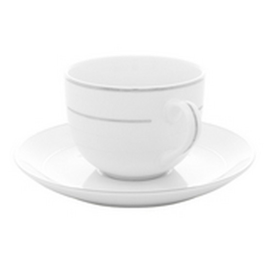 Imagem CONJUNTO 6 XÍCARAS DE CHÁ DE PORCELANA COM PIRES E BORDA PRATEADA MÔNACO BRANCO 220ML - WOLFF