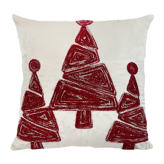Imagem ALMOFADA VELUDO OFF COM BORDADO BOUCLE MESCLA ÁRVORE COR BRANCO E VERMELHO 45X45CM DECORTEXTIL  