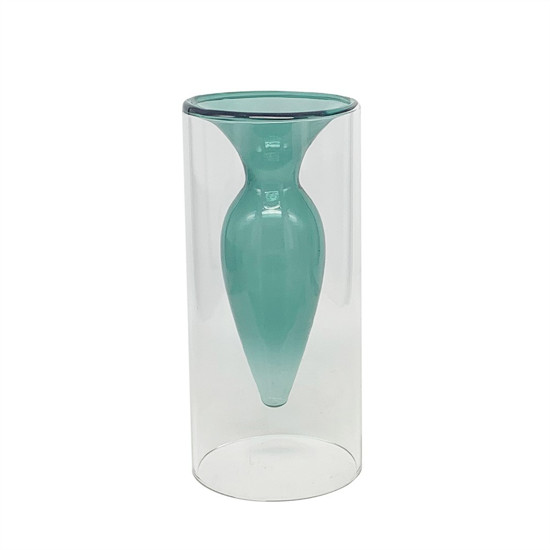 Imagem VASO DECORATIVO COM VIDRO DUPLO COR TRANSPARENTE E  AZUL 8X8X17CM - CROSS 