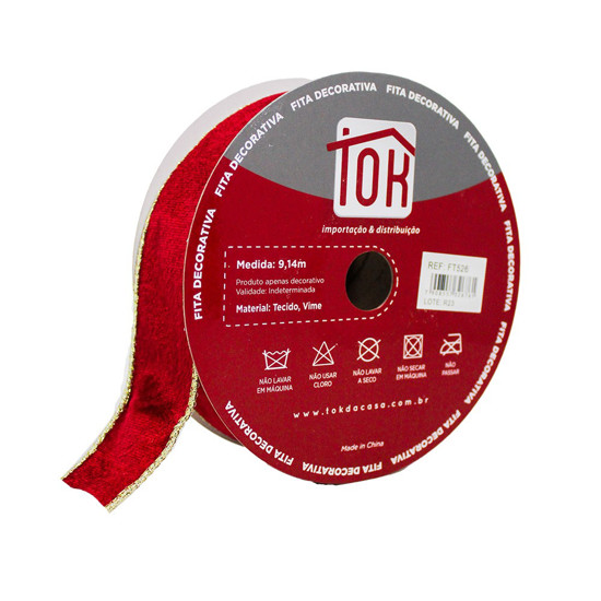 Imagem FITA NATALINA DECORATIVA COR VERMELHO COM DOURADO 3,8CM X 9,14 METROS - TOK DA CASA 