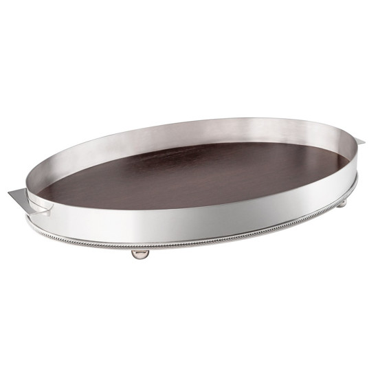 Imagem BANDEJA OVAL DECORATIVA PÉROLA DE PRATA COM MADEIRA 59X38CM - SILVERLUX