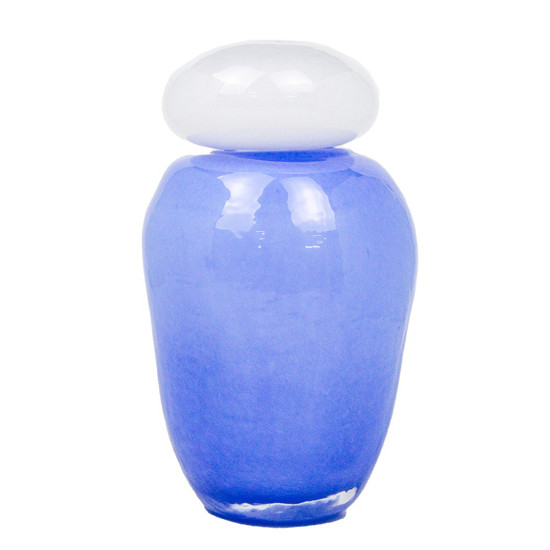 Imagem VASO DECORATIVO DE VIDRO COR AZUL COM TAMPA BRANCA 20CM - CROSS