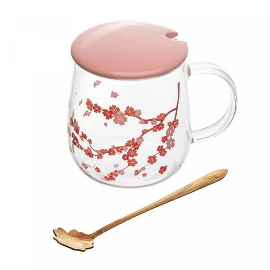 Imagem CANECA DE VIDRO BOROSSILICATO COM TAMPA E COLHER SAKURA 500ML - WOLFF