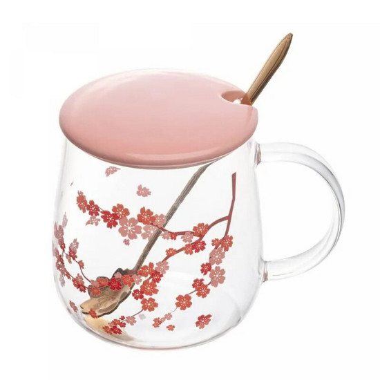 Imagem CANECA DE VIDRO BOROSSILICATO COM TAMPA E COLHER SAKURA 500ML - WOLFF