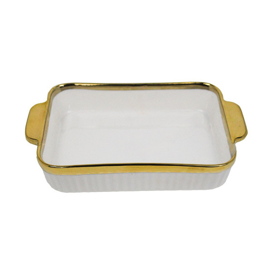 Imagem TRAVESSA PARA SERVIR DE CERÂMICA COM ALÇA COR BRANCO COM DOURADO 24,5X15X5CM - GRILLO 55084