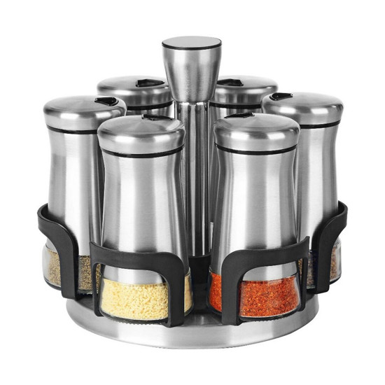 Imagem JOGO DE 6 PORTA CONDIMENTOS EM VIDRO COM SUPORTE EM AÇO INOX 120ML L19XP19XA17CM
