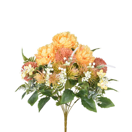 Imagem BUQUÊ DECORATIVO MISTO DE PEÔNIA E CRISÂNTEMO AMARELO EM PLÁSTICO MOLDÁVEL - GRILLO