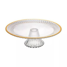 Imagem de PRATO PARA BOLO DE CRISTAL COM PÉ RADIAL COM FIO DOURADO 32CM X 32CM X 10CM - Coliseu Presentes Ltda