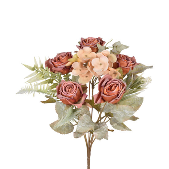 Imagem BUQUÊ DECORATIVO DE ROSAS E HORTÊNSIA CAFÉ EM PLÁSTICO MOLDÁVEL 33X10 CM - GRILLO