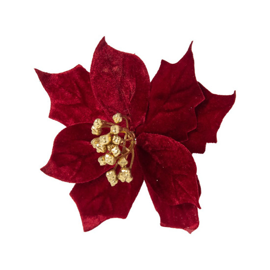 Imagem FLOR POINSETIA DECORATIVA VERMELHA COM GLITTER DOURADO CABO CURTO 15CM