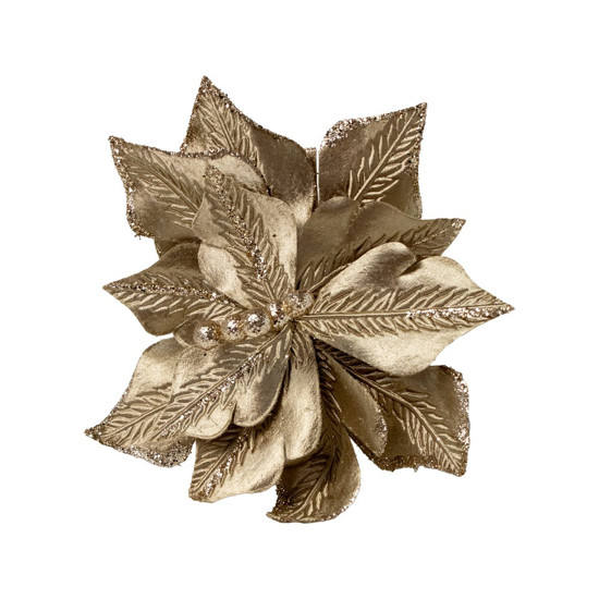 Imagem FLOR POINSETIA DECORATIVA COR CHAMPANHE COM GLITTER CABO CURTO 25CM 
