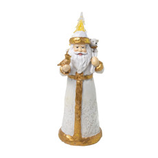 Imagem de PAPAI NOEL DE RESINA COM LED E MUSICA NATALINA COR BRANCO COM DOURADO 23CM MOVIDO A PILHAS  - Cromus Embalagens Ind. E Com. Ltda