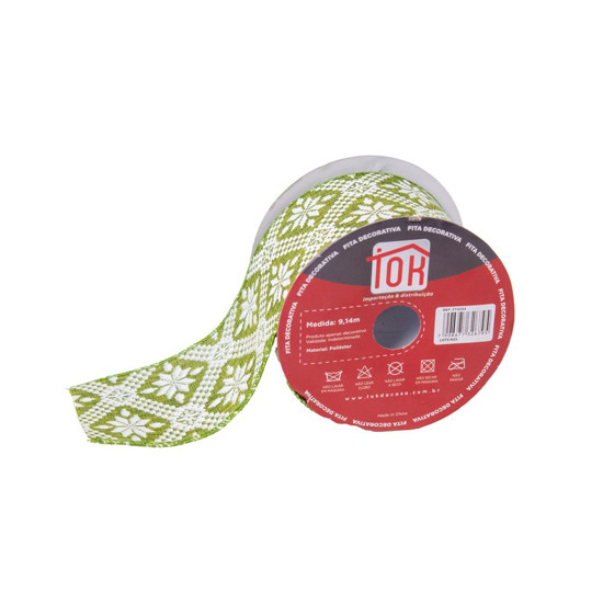 Imagem FITA NATALINA COR VERDE COM FLOCOS DE NEVE BRANCO 6,3CM X 9,14 METROS