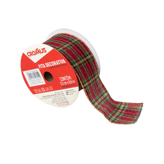 Imagem FITA ARAMADA QUADRICULADA COR VERMELHO, VERDE E DOURADO 6,3CM X 9,14 METROS - CROMUS 