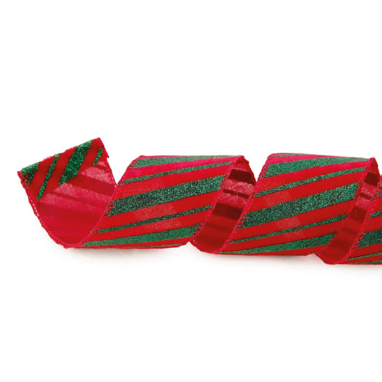 Imagem FITA ARAMADA LISTRADA COR VERMELHO COM GLITTER VERDE 6,3CM X 4,57 METROS - CROMUS 