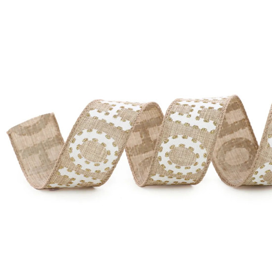 Imagem FITA ARAMADA NATALINA HOHOHO DECORATIVA EM POLIÉSTER DOURADA E BRANCO 3,8CM X 9,14M