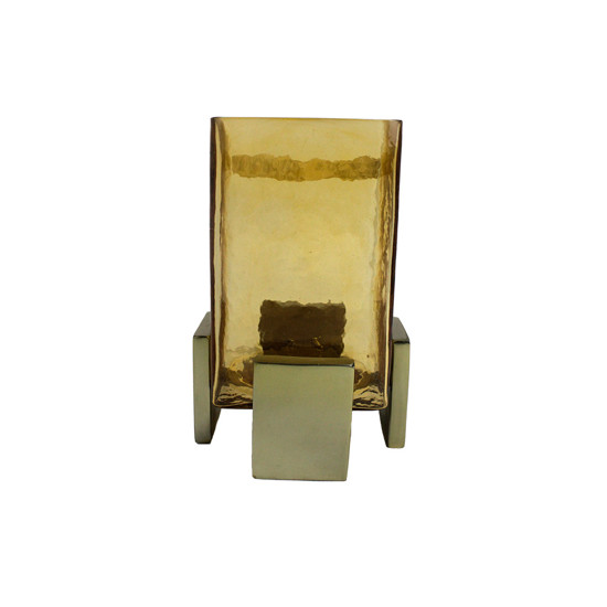 Imagem VASO DECORATIVO EM VIDRO COR AMBAR E BASE EM METAL DOURADO 18X12 CM