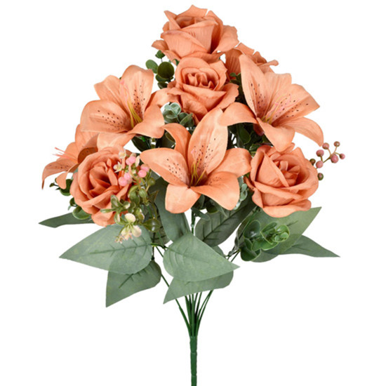 Imagem BUQUÊ MISTO PERMANENTE DECORATIVO DE ROSA E LÍRIO MARROM EM PLÁSTICO 46X15 CM
