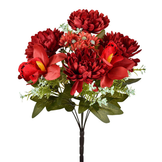 Imagem BUQUÊ PERMANENTE MISTO DE ORQUÍDEA E CRISÂNTEMO VERMELHO EM PLÁSTICO 42X22CM GRILLO