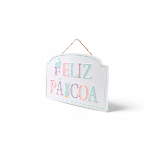 Imagem PLACA DECORATIVA FELIZ PÁSCOA EM METAL COLORIDA 38X23 CM - CROMUS