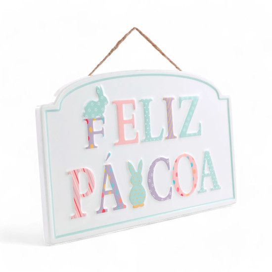 Imagem PLACA DECORATIVA FELIZ PÁSCOA EM METAL COLORIDA 38X23 CM - CROMUS