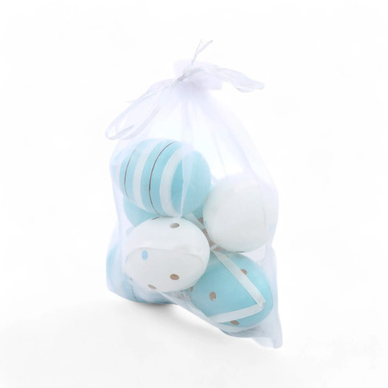 Imagem CONJUNTO DE 6 OVOS AZUL E BRANCO DECORATIVOS EM PLÁSTICO 8X6 CM - CROMUS