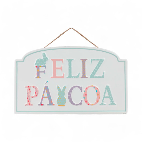 Imagem PLACA DECORATIVA FELIZ PÁSCOA EM METAL COLORIDA 38X23 CM - CROMUS