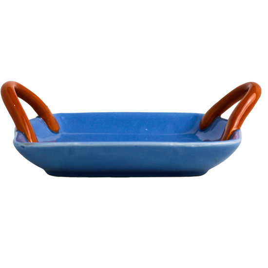 Imagem MINI BANDEJA DECORATIVA EM CERÂMICA AZUL E ALÇA LARANJA 20X15X6 CM - MABRUK