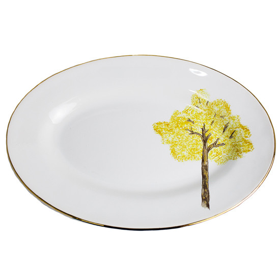 Imagem TRAVESSA PEQUENA EM CERÂMICA BRANCA FILETE DOURADO ESTAMPA YPÊ AMARELO - SCALLA 