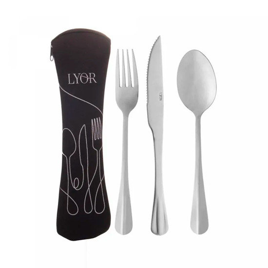 Imagem CONJUNTO 4 PEÇAS ESTOJO DE NEOPRENE PRETO COM 3 TALHERES POSITANO EM INOX - LYOR