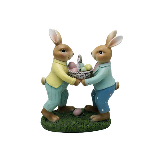 Imagem CASAL DE COELHOS EM PÉ COM CESTA DE OVOS DE PÁSCOA EM RESINA COLORIDA - TOK DA CASA