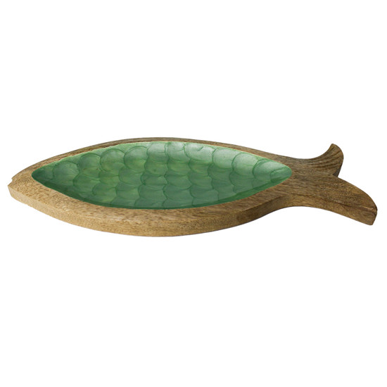 Imagem PETISQUEIRA FORMATO PEIXE EM MADEIRA E RESINA VERDE TEXTURA ESCAMA - ENTRECASA