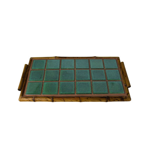 Imagem BANDEJA RETANGULAR PARA SERVIR DECORATIVA EM BAMBOO E CERÂMICA VERDE 35X18 CM
