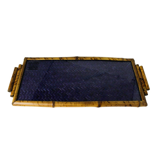 Imagem BANDEJA RETANGULAR PARA SERVIR DECORATIVA EM BAMBOO E PALHA AZUL 40X17 CM