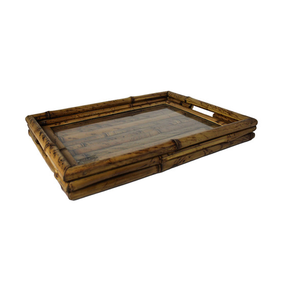 Imagem BANDEJA RETANGULAR DECORATIVA EM BAMBOO E VIDRO 6X39X28 CM