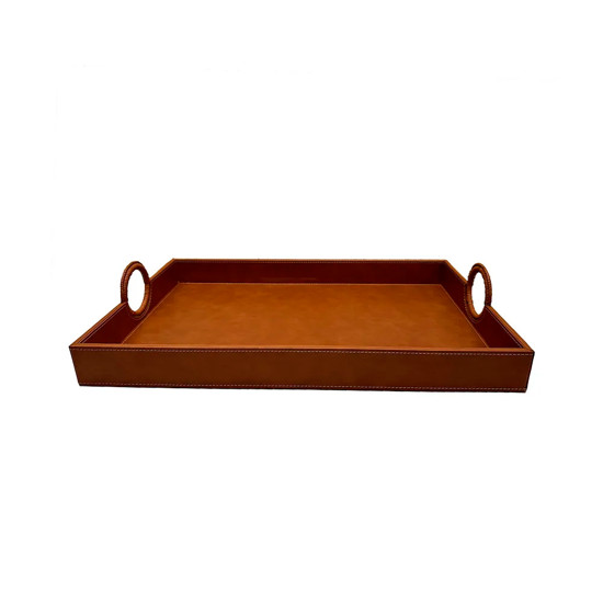 Imagem BANDEJA RETANGULAR COM ALÇA ARGOLA EM COURO SINTÉTICO MARROM 58X35X5 CM - CROSS