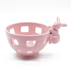 Imagem de CESTA DECORATIVA EM PORCELANA ROSA COM COELHO PENDURADO 12X19X14 CM - TOK DA CASA - Cromus Embalagens Ind. E Com. Ltda